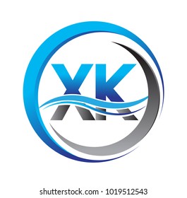initial letter logo XK company name blue and grey color on circle and swoosh design. vector logotype for business and company identity.
