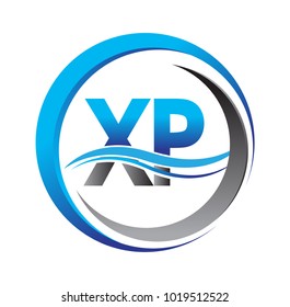 initial letter logo XP company name blue and grey color on circle and swoosh design. vector logotype for business and company identity.