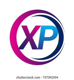 initial letter logo XP company name blue and magenta color on circle and swoosh design. vector logotype for business and company identity.