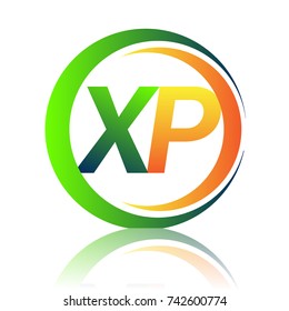 initial letter logo XP company name green and orange color on circle and swoosh design. vector logotype for business and company identity