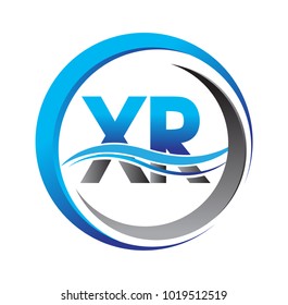 initial letter logo XR company name blue and grey color on circle and swoosh design. vector logotype for business and company identity.