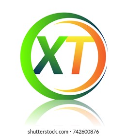 initial letter logo XT company name green and orange color on circle and swoosh design. vector logotype for business and company identity.