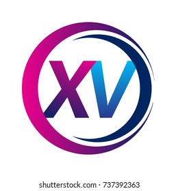 initial letter logo XV company name blue and magenta color on circle and swoosh design. vector logotype for business and company identity.