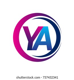 initial letter logo YA company name blue and magenta color on circle and swoosh design. vector logotype for business and company identity.
