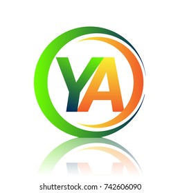 initial letter logo YA company name green and orange color on circle and swoosh design. vector logotype for business and company identity.