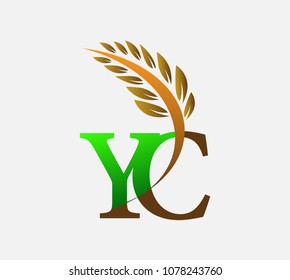 initial letter logo YC, Agriculture wheat Logo Template vector icon design colored green and brown.