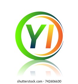 initial letter logo YI company name green and orange color on circle and swoosh design. vector logotype for business and company identity.