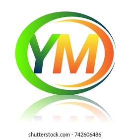 initial letter logo YM company name green and orange color on circle and swoosh design. vector logotype for business and company identity.