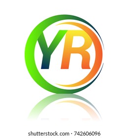 initial letter logo YR company name green and orange color on circle and swoosh design. vector logotype for business and company identity.