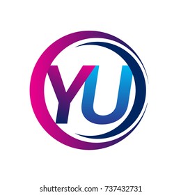 initial letter logo YU company name blue and magenta color on circle and swoosh design. vector logotype for business and company identity.