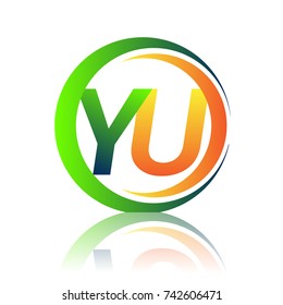 initial letter logo YU company name green and orange color on circle and swoosh design. vector logotype for business and company identity.