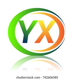 initial letter logo YX company name green and orange color on circle and swoosh design. vector logotype for business and company identity.