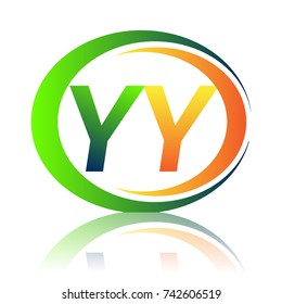 initial letter logo YY company name green and orange color on circle and swoosh design. vector logotype for business and company identity.