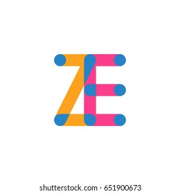 Initial letter logo ZE overlapping round line, yellow blue magenta