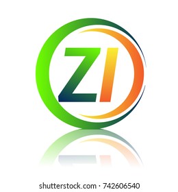 initial letter logo ZI company name green and orange color on circle and swoosh design. vector logotype for business and company identity.