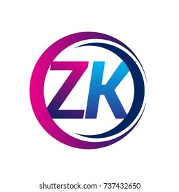 initial letter logo ZK company name blue and magenta color on circle and swoosh design. vector logotype for business and company identity.