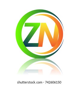 initial letter logo ZN company name green and orange color on circle and swoosh design. vector logotype for business and company identity.