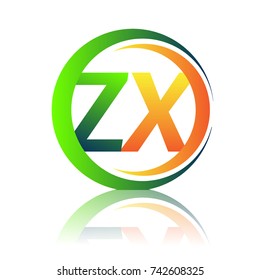 initial letter logo ZX company name green and orange color on circle and swoosh design. vector logotype for business and company identity.