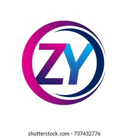 initial letter logo ZY company name blue and magenta color on circle and swoosh design. vector logotype for business and company identity.