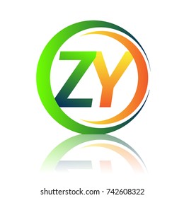 initial letter logo ZY company name green and orange color on circle and swoosh design. vector logotype for business and company identity.