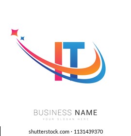 initial letter IT logotype company name colored orange, red and blue swoosh star design. vector logo for business and company identity.