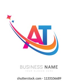 initial letter AT logotype company name colored orange, red and blue swoosh star design. vector logo for business and company identity.