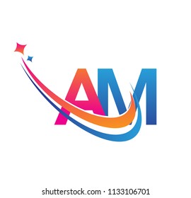 initial letter AM logotype company name colored orange, red and blue swoosh star design. vector logo for business and company identity.