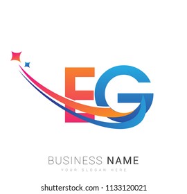 initial letter EG logotype company name colored orange, red and blue swoosh star design. vector logo for business and company identity.