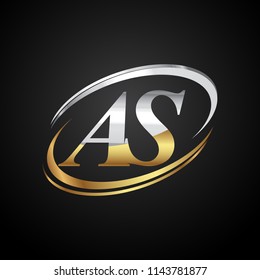 initial letter AS logotype company name colored gold and silver swoosh design. isolated on black background.