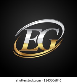 initial letter EG logotype company name colored gold and silver swoosh design. isolated on black background.