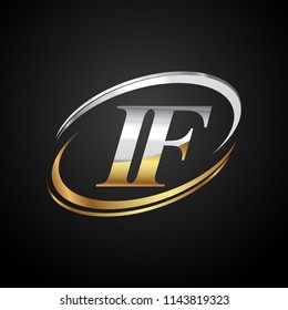 initial letter IF logotype company name colored gold and silver swoosh design. isolated on black background.
