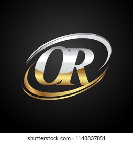 initial letter OR logotype company name colored gold and silver swoosh design. isolated on black background.