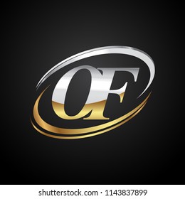 initial letter OF logotype company name colored gold and silver swoosh design. isolated on black background.