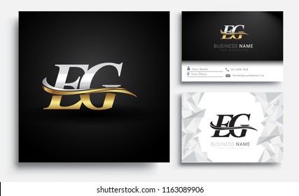 initial letter EG logotype company name colored gold and silver swoosh design. Vector sets for business identity on white background.