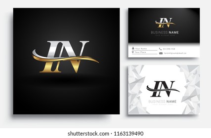 initial letter IN logotype company name colored gold and silver swoosh design. Vector sets for business identity on white background.