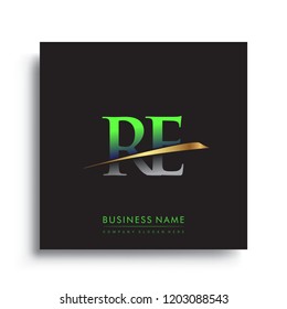 initial letter RE logotype company name colored green and gold swoosh design. vector logo for business and company