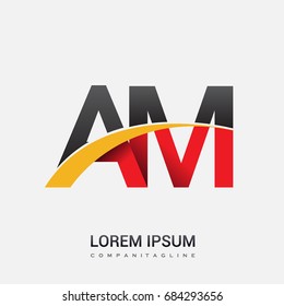 initial letter AM logotype company name colored red, black and yellow swoosh design. isolated on white background.
