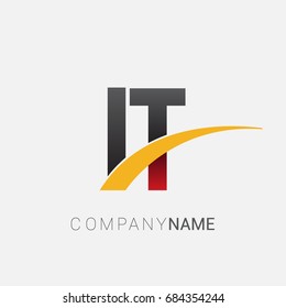 initial letter IT logotype company name colored red, black and yellow swoosh design. isolated on white background.
