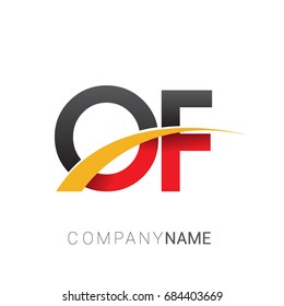 initial letter OF logotype company name colored red, black and yellow swoosh design. isolated on white background.
