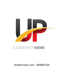 initial letter UP logotype company name colored red, black and yellow swoosh design. isolated on white background.
