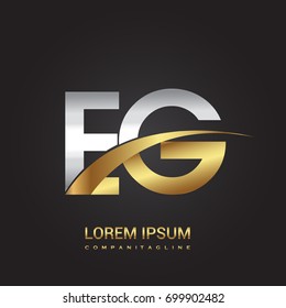 initial letter EG logotype company name colored gold and silver swoosh design. isolated on black background.