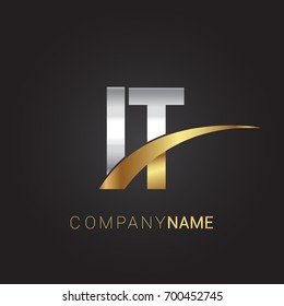 initial letter IT logotype company name colored gold and silver swoosh design. isolated on black background.