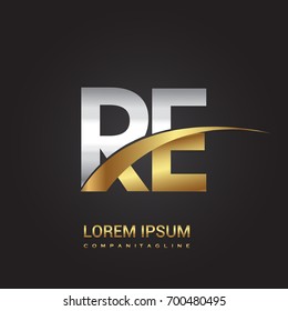initial letter RE logotype company name colored gold and silver swoosh design. isolated on black background.