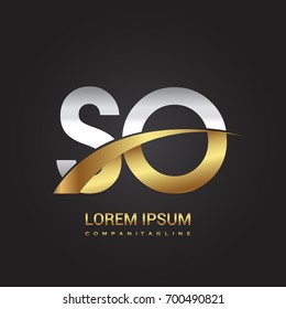 initial letter SO logotype company name colored gold and silver swoosh design. isolated on black background.