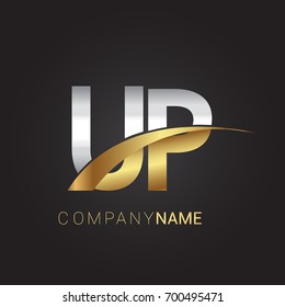 initial letter UP logotype company name colored gold and silver swoosh design. isolated on black background.