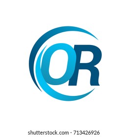 initial letter OR logotype company name blue circle and swoosh design. vector logo for business and company identity.