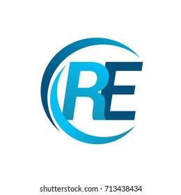 initial letter RE logotype company name blue circle and swoosh design. vector logo for business and company identity.