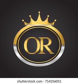 initial letter OR logotype company name with oval shape and crown, gold and silver color. vector logo for business and company identity.
