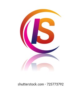 initial letter IS logotype company name orange and magenta color on circle and swoosh design. vector logo for business and company identity.