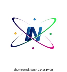 initial letter IN logotype science icon colored blue, red, green and yellow swoosh design. vector logo for business and company identity.
